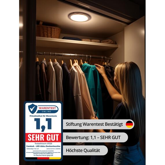 Combuh Akku Lampe mit Bewegungsmelder Deckenlampe Garage ohne Stromanschluss ohne Bohren, 85 Tage Laufzeit 6000 mAh LED Batteriebetriebene Deckenleuchte Aufladbare für Keller Flur Dusche Rund 1 Stück