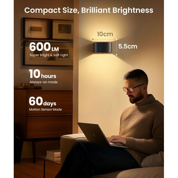 FULEN Akku Wandlampe Innen mit Bewegungssensor,Fernbedienung 3 Farben Wandlicht Up and Down Innen LED Wandleuchte 3 Modi Wiederaufladbare Batteriebetriebene Wandlampen Helligkeit Einstellbar, 2 Stück