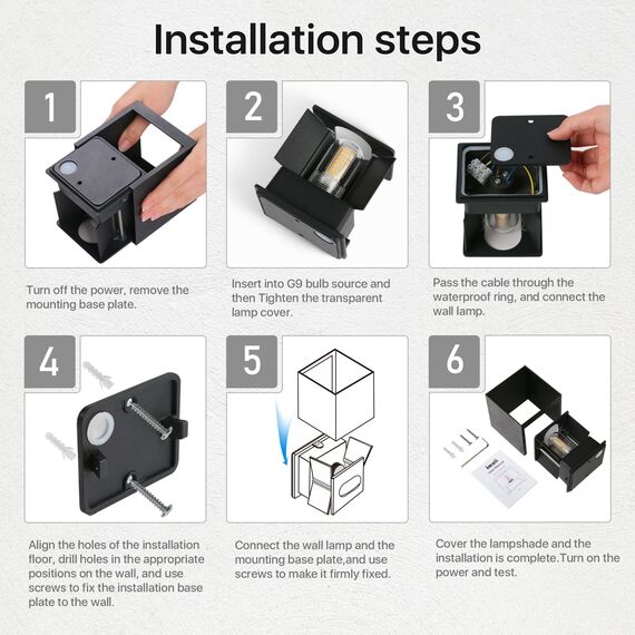 Lureshine Wandlampe mit Austauschbarer G9 LED lampe Einstellbar Abstrahlwinkel Aussenbeleuchtung Warmweiß 3000K Wandleuchte Aluminium Wandleuchte Innen/Aussen (Schwarz 2 Stück)