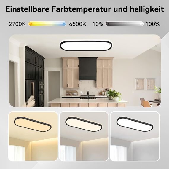 ONDTA LED Panel Deckenleuchte 22W mit Fernbedienung, 60x20 CM 2700K-6500K 3000LM Oval Tageslichtlampe Decke, Speicherfunktion, IP44 Küchenlampe für Wohnzimmer Schlafzimmer Flur Büro Werkstatt, Schwarz