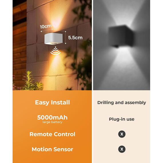 FULEN 2 Stück Akku wandleuchte mit Bewegungsmelder, LED Wandleuchte Innen, 3 Farben, 3 Modi, Up and Down Kabellose Akku Wandleuchte mit Fernbedienung für Schlafzimmer Wohnzimmer Treppe (Weiß)