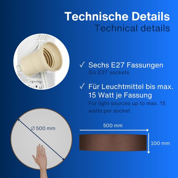 REV Deckenleuchte - Deckenlampe rund 50cm mit Stoff-Lampenschirm im Vintage-Look – ideal für Schlafzimmer & Wohnzimmer, braun