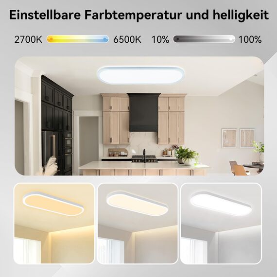 ONDTA LED Panel Deckenleuchte 22W mit Fernbedienung, 60x20 CM 2700K-6500K 3000LM Oval Tageslichtlampe Decke, Speicherfunktion, IP44 Badezimmer lampe für Wohnzimmer Schlafzimmer Flur Büro Werkstatt