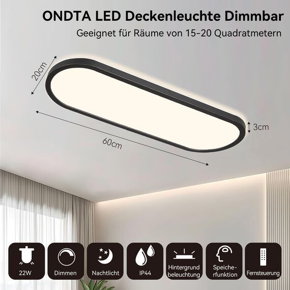 ONDTA LED Panel Deckenleuchte 22W mit Fernbedienung, 60x20 CM 2700K-6500K 3000LM Oval Tageslichtlampe Decke, Speicherfunktion, IP44 Küchenlampe für Wohnzimmer Schlafzimmer Flur Büro Werkstatt, Schwarz
