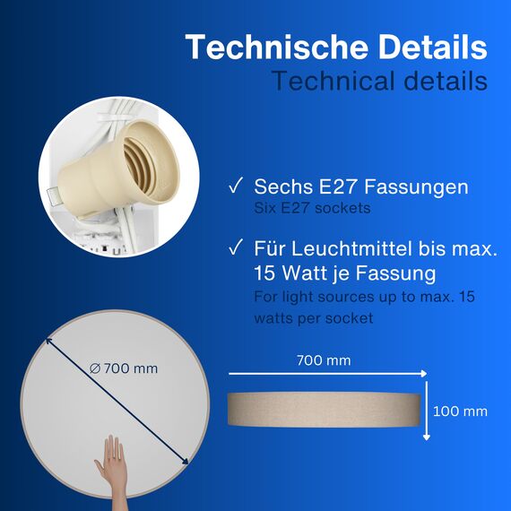 REV Deckenlampe - Deckenleuchte Schlafzimmer, Wohnzimmer & Küche rund 70cm mit Stoff-Lampenschirm im Vintage-Look, taupe