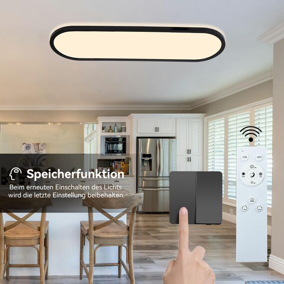ONDTA LED Panel Deckenleuchte 22W mit Fernbedienung, 60x20 CM 2700K-6500K 3000LM Oval Tageslichtlampe Decke, Speicherfunktion, IP44 Küchenlampe für Wohnzimmer Schlafzimmer Flur Büro Werkstatt, Schwarz
