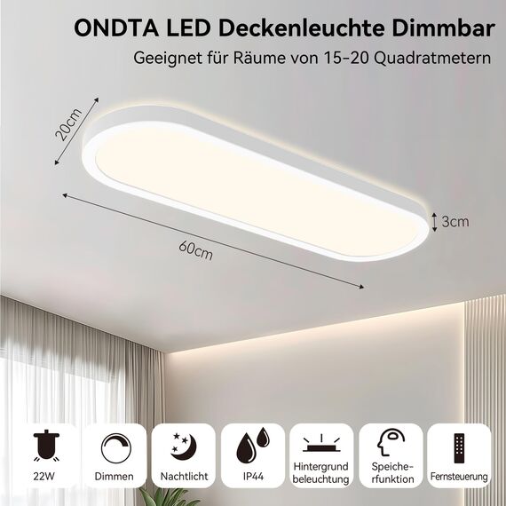ONDTA LED Panel Deckenleuchte 22W mit Fernbedienung, 60x20 CM 2700K-6500K 3000LM Oval Tageslichtlampe Decke, Speicherfunktion, IP44 Badezimmer lampe für Wohnzimmer Schlafzimmer Flur Büro Werkstatt