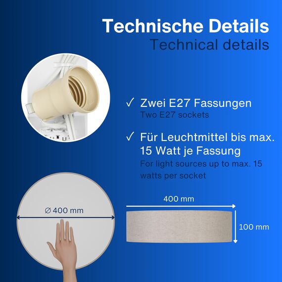 REV Deckenlampe LED - Deckenleuchte rund 40cm mit Stoff-Lampenschirm im Vintage-Look – ideal für Schlafzimmer & Wohnzimmer, taupe