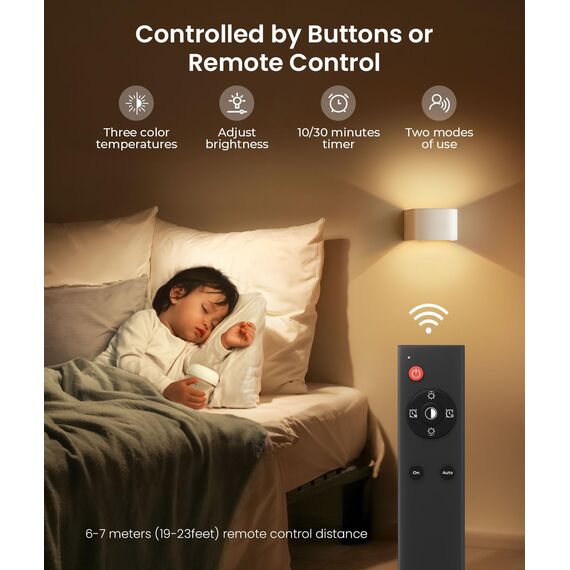 FULEN 2 Stück Akku wandleuchte mit Bewegungsmelder, LED Wandleuchte Innen, 3 Farben, 3 Modi, Up and Down Kabellose Akku Wandleuchte mit Fernbedienung für Schlafzimmer Wohnzimmer Treppe (Weiß)