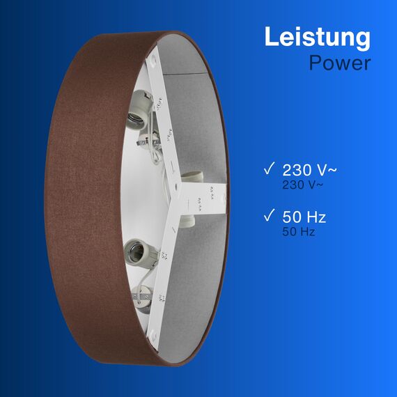 REV Deckenleuchte - Deckenlampe rund 50cm mit Stoff-Lampenschirm im Vintage-Look – ideal für Schlafzimmer & Wohnzimmer, braun