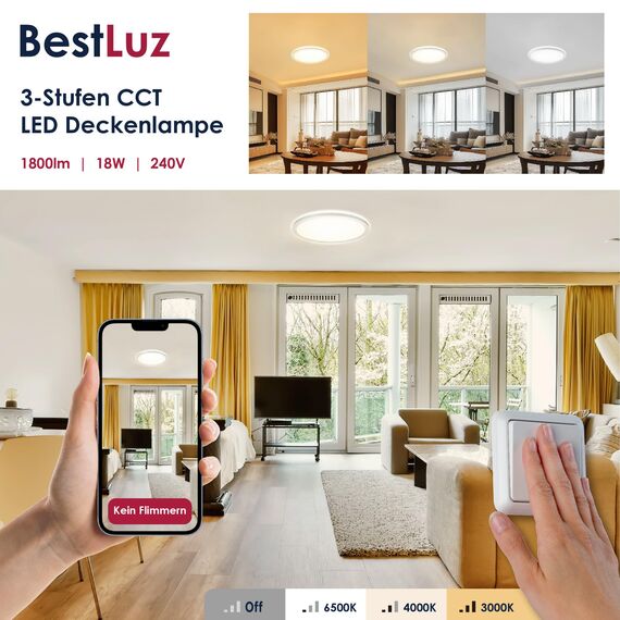 BestLuz LED Deckenleuchte Dreistufige Ø30 CM 3000K/4000K/6500K 18W 1800LM IP44 Deckenlampe mit Backlight-Effekt LED Panel für Wohnzimmer Schlafzimmer Küche Badezimmer, Ultra Dünn
