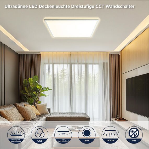 BestLuz Dreistufige CCT Deckenlampe 42x42 CM 3000K/4000K/6500K 24W 2800LM IP44 Mit Backlight-Effekt - Flaches LED Panel Für Wohnzimmer, Schlafzimmer, Küche, Badezimmer, Ultra Dünn