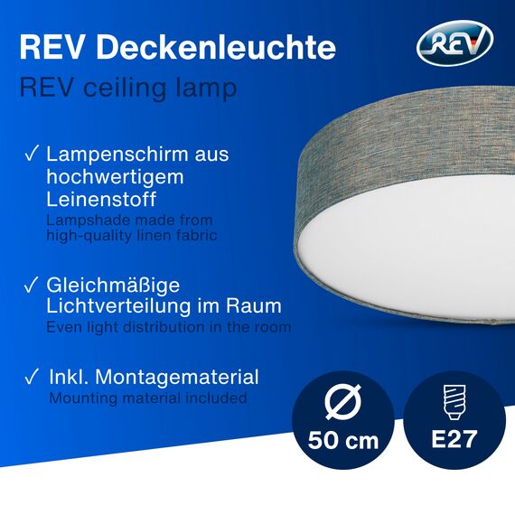 REV Deckenleuchte - Deckenlampe rund 50cm mit Stoff-Lampenschirm im Vintage-Look – ideal für Schlafzimmer & Wohnzimmer, grün-gold