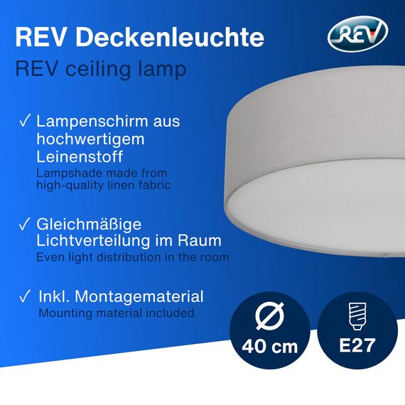 REV Deckenleuchte - Deckenlampe Küche, Schlafzimmer & Wohnzimmer rund 40cm mit Stoff-Lampenschirm im Vintage-Look, grau