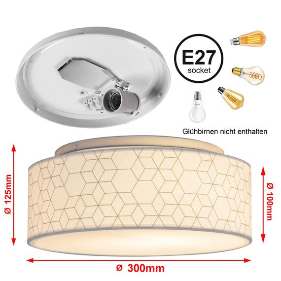 Zedelmaier Deckenlampe Stoff Rund E27x1 max.40W Deckenleuchte mit Stoff-Lampenschirm Wohnzimmer Schlafzimmer Kinderzimmer Flur Lampe Decke(Weiße Würfel,Ø30x12,5cm)