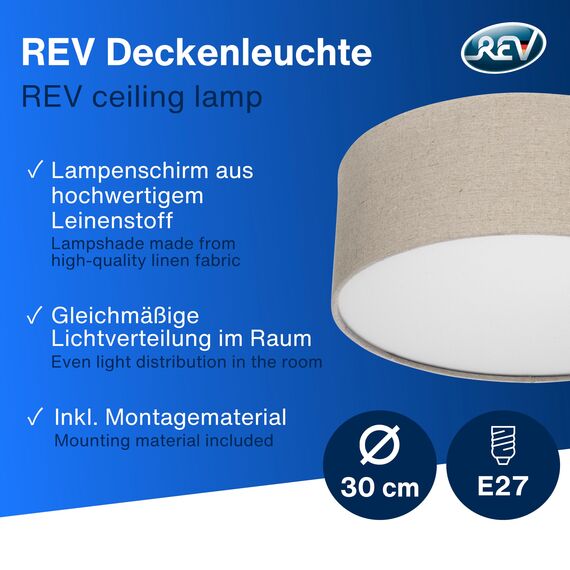 REV LED Deckenleuchte - Deckenlampe Schlafzimmer, Wohnzimmer & Küche rund 30cm mit Stoff-Lampenschirm im Vintage-Look, taupe
