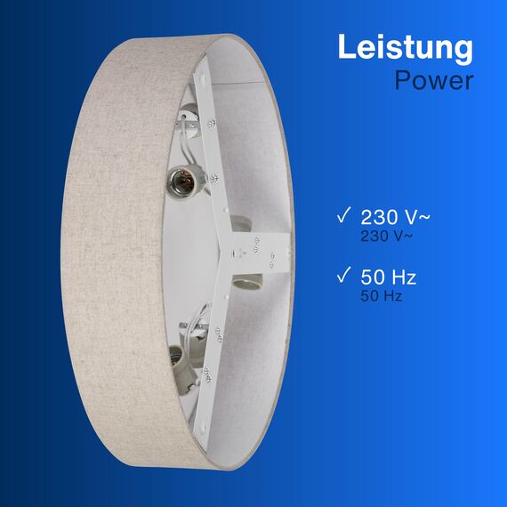 REV Deckenlampe - LED Deckenleuchte rund 50cm mit Stoff-Lampenschirm im Vintage-Look – ideal für Schlafzimmer & Wohnzimmer, taupe