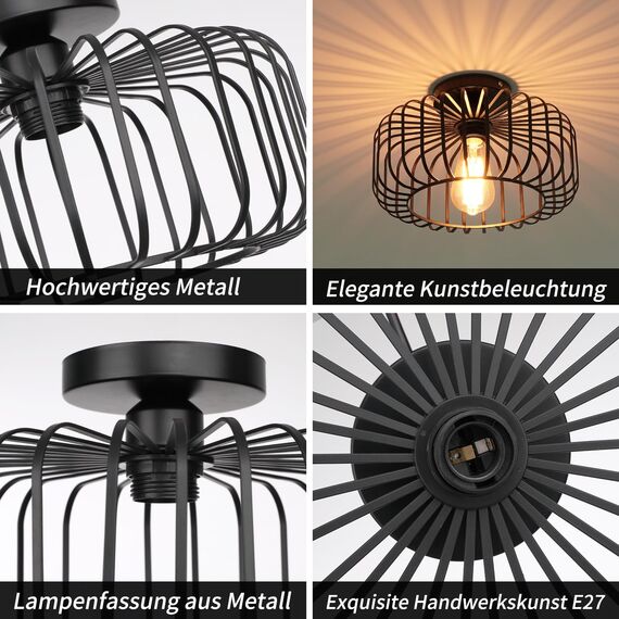 FRIDEKO HOME Deckenlampe Schwarz Modern Deckenlampe aus Metall E27-Fassung,1 Flammige Runde Lampenschirm Hängelampe für Küche Flur Wohnzimmer Schlafzimmer Esszimmer