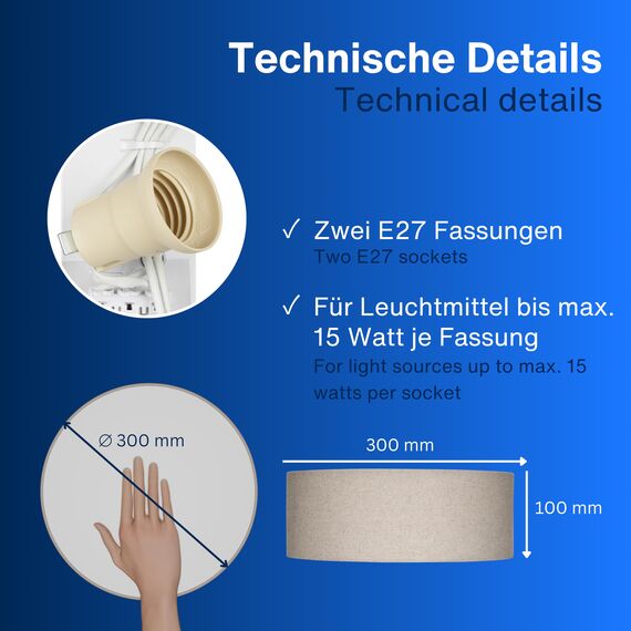 REV LED Deckenleuchte - Deckenlampe Schlafzimmer, Wohnzimmer & Küche rund 30cm mit Stoff-Lampenschirm im Vintage-Look, taupe