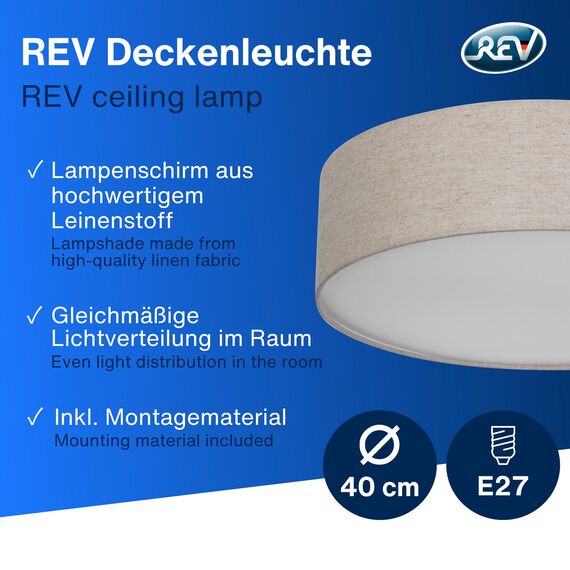 REV Deckenlampe LED - Deckenleuchte rund 40cm mit Stoff-Lampenschirm im Vintage-Look – ideal für Schlafzimmer & Wohnzimmer, taupe