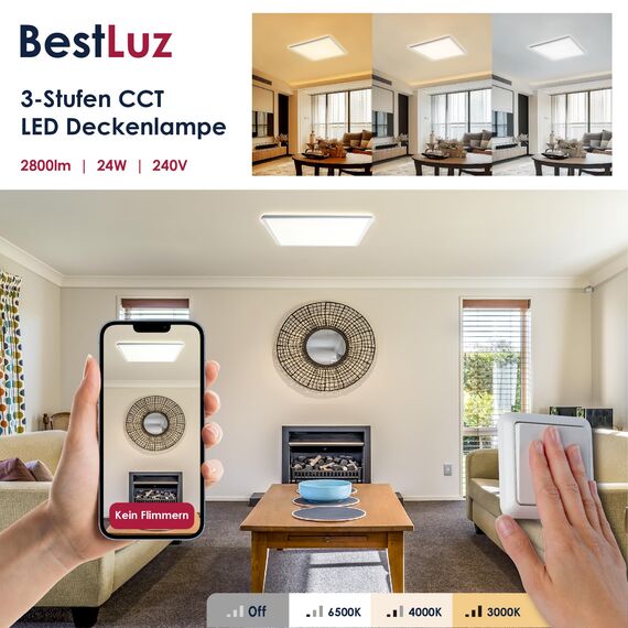 BestLuz Dreistufige CCT Deckenlampe 42x42 CM 3000K/4000K/6500K 24W 2800LM IP44 Mit Backlight-Effekt - Flaches LED Panel Für Wohnzimmer, Schlafzimmer, Küche, Badezimmer, Ultra Dünn