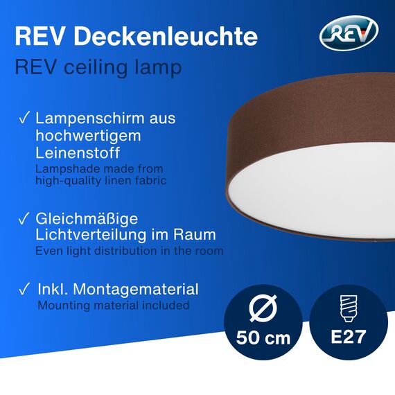 REV Deckenleuchte - Deckenlampe rund 50cm mit Stoff-Lampenschirm im Vintage-Look – ideal für Schlafzimmer & Wohnzimmer, braun