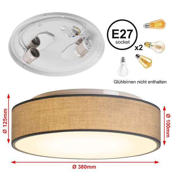 Zedelmaier Deckenlampe Stoff Rund 38cm E27x2 max.40W Deckenleuchte Taupe Stoffschirm Wohnzimmer Schlafzimmer Küche Flur Kinderzimmer Lampe Decke Lampenschirm