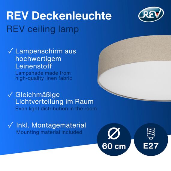 REV Deckenlampe - Deckenleuchte Wohnzimmer, Schlafzimmer & Küche rund 60cm mit Stoff-Lampenschirm im Vintage-Look, taupe