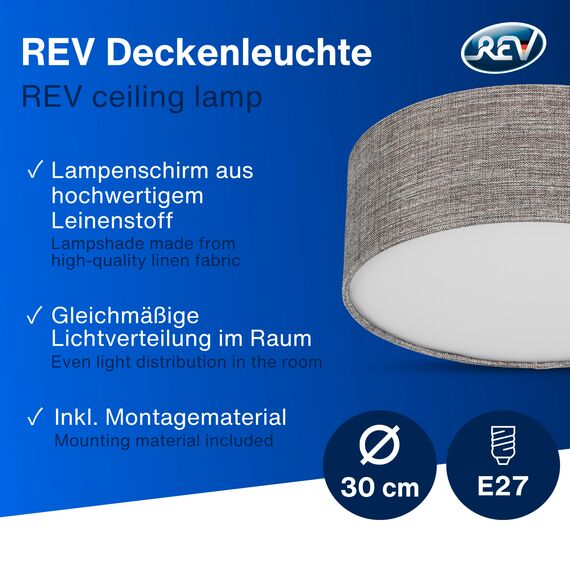 REV Deckenleuchte - Deckenlampe rund 30cm mit Stoff-Lampenschirm im Vintage-Look – ideal für Schlafzimmer & Wohnzimmer, braun-silber