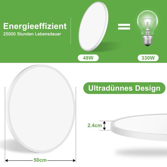 OUILA LED Deckenleuchte Flach Rund - Ø50CM Deckenlampe LED 48W 6500K 4800LM IP44 Wasserdichte Badezimmer Lampe, Küchenlampe Deckenleuchte Kaltweiß für Küche Bad Schlafzimmer Flur Keller