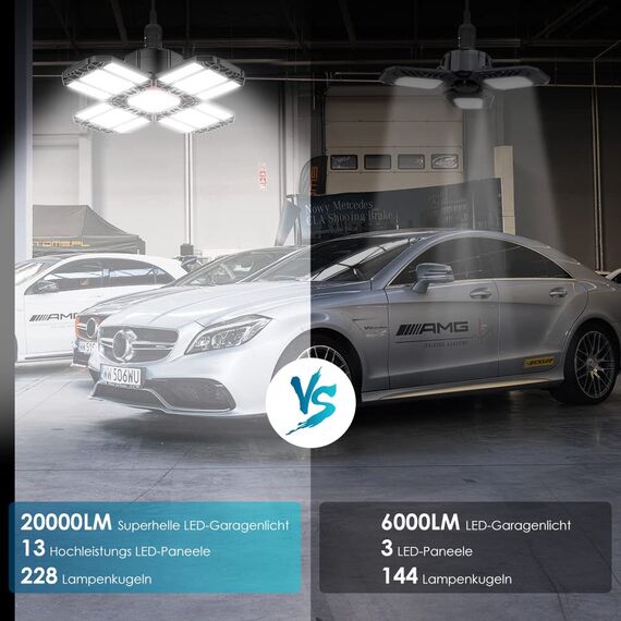 200W LED Garagenleuchte Werkstattlampe Garagenbeleuchtung 2 PCS - 20000LM 6500K Verformbare Deckenlampe mit 12 Verstellbaren Paneelen - E26 / E27 Bay Licht für Keller Geschäft Werkstatt Scheune Lager