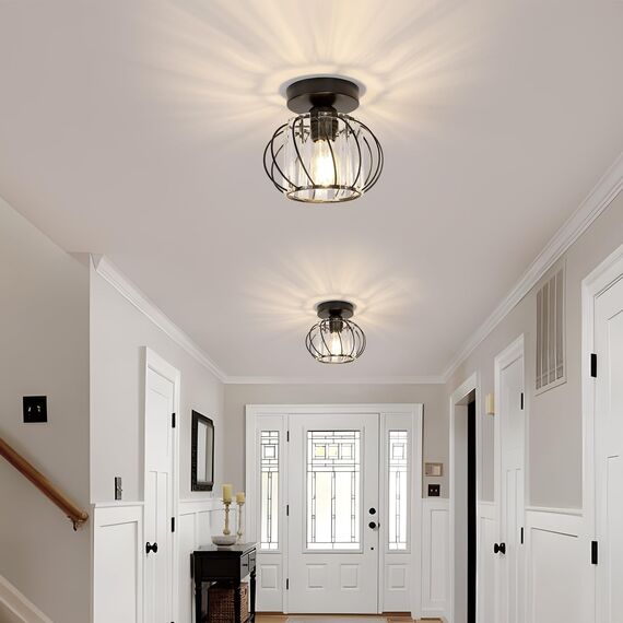 Goeco Deckenleuchte Kristall Schwarz, E27 Moderne Deckenlampe, Vintage Industrie Kronleuchter mit Käfig-förmigen Lampenschirm für Eingang Flur Schlafzimmer Wohnzimmer