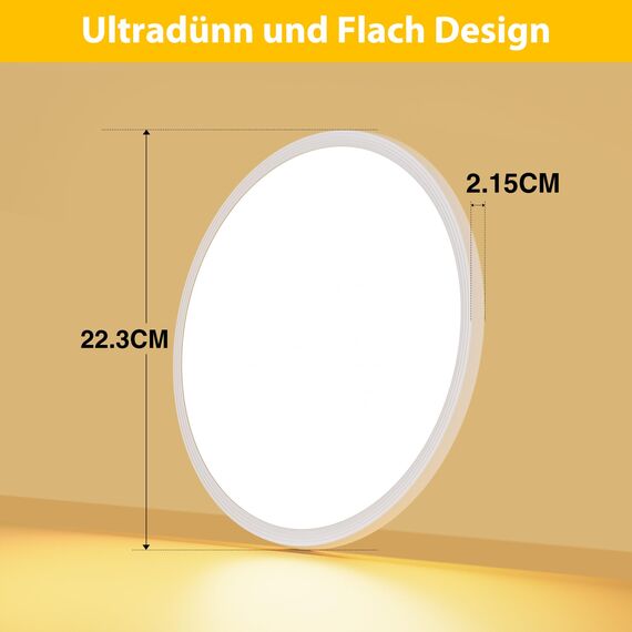 OUILA LED Deckenleuchte Flach Rund - Ø22CM Deckenlampe LED 18W 1600LM 3000K Warmweiß IP44 Wasserdicht Badezimmer Lampe, Badlampe Decke für Bad Küche Flur Schlafzimmer Keller