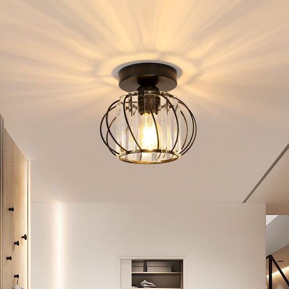 Goeco Deckenleuchte Kristall Schwarz, E27 Moderne Deckenlampe, Vintage Industrie Kronleuchter mit Käfig-förmigen Lampenschirm für Eingang Flur Schlafzimmer Wohnzimmer