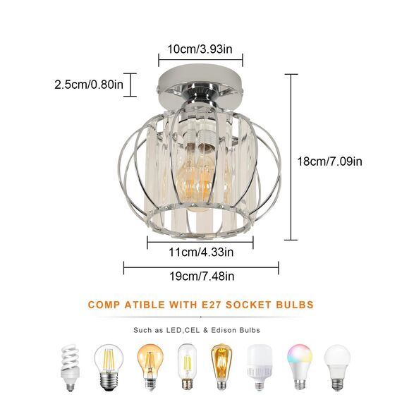 Goeco Deckenleuchte Vintage, Ø 19 cm Chrom Deckenlampe Kristall mit Glaskugel Lampenschirm, E27 Deckenleuchte Vintage Industrie für Eingang Flur Schlafzimmer Wohnzimmer, Glühbirnen nicht enthalten