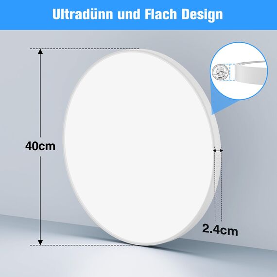 OUILA LED Deckenleuchte Flach Rund - Ø40CM Deckenlampe LED 36W 6500K 3600LM IP44 Wasserdichte Badezimmer lampe, Küchenlampe Deckenleuchte Kaltweiß für Küche Bad Schlafzimmer Flur Keller