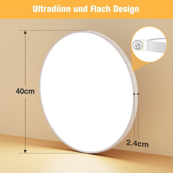 OUILA LED Deckenleuchte Flach Rund - Ø40CM Deckenlampe LED 36W 4000K 3600LM IP44 Wasserdichte Badezimmer lampe, Küchenlampe Deckenleuchte Neutralweiß für Küche Bad Schlafzimmer Flur Keller
