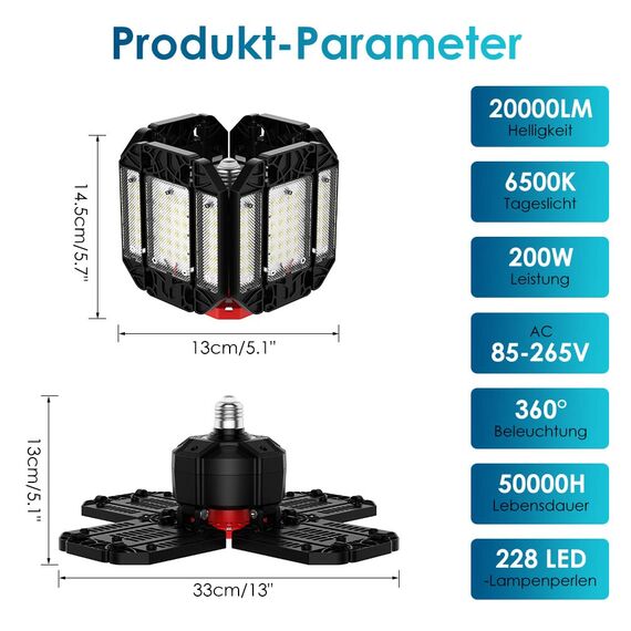 200W LED Garagenleuchte Werkstattlampe Garagenbeleuchtung 2 PCS - 20000LM 6500K Verformbare Deckenlampe mit 12 Verstellbaren Paneelen - E26 / E27 Bay Licht für Keller Geschäft Werkstatt Scheune Lager