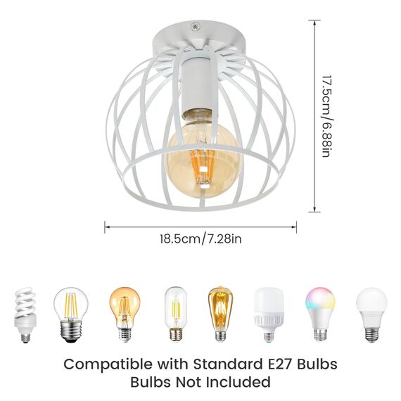 Goeco Deckenleuchte Weiß, E27 Lampenfassung Industrial Deckenlampe Lampenschirm in Form eines Metallkäfigs, Pendelleuchte innen Vintage für Flur, Balkon, Ø 19cm(Glühbirnen nicht inbegriffen)