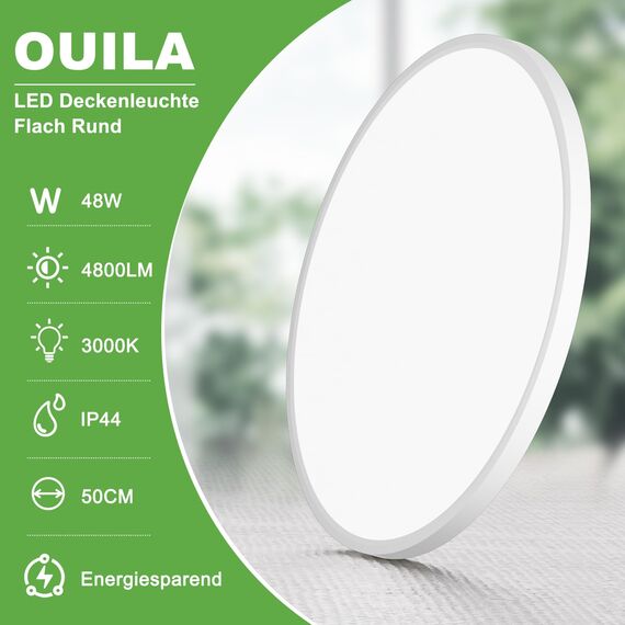 OUILA LED Deckenleuchte Flach Rund - Ø50CM Deckenlampe LED 48W 3000K 4800LM IP44 Wasserdichte Badezimmer Lampe, Küchenlampe Deckenleuchte Warmweiß für Küche Bad Schlafzimmer Flur Keller