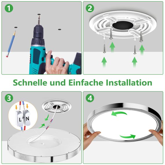 OUILA Unterputz LED Deckenleuchte Flach Rund - Ø30CM Deckenlampe Gebürstetes Nickel 24W 4000K 2600LM IP44 Wasserdichte Badezimmer lampe, Küchenlampe Neutralweiß für Küche Bad Schlafzimmer Flur Keller