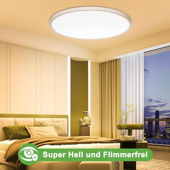 OUILA LED Deckenleuchte Flach Rund - Ø50CM Deckenlampe LED 48W 3000K 4800LM IP44 Wasserdichte Badezimmer Lampe, Küchenlampe Deckenleuchte Warmweiß für Küche Bad Schlafzimmer Flur Keller