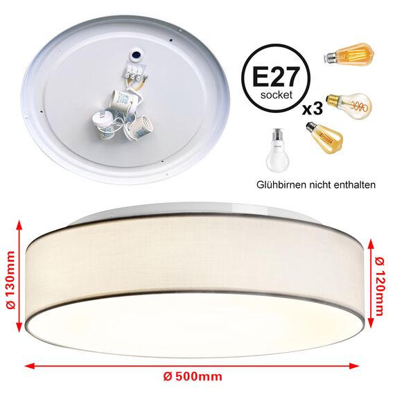 Zedelmaier Deckenlampe Stoff Rund 50cm E27x3 max.40W Deckenleuchte Weiß Stoffschirm Wohnzimmer Schlafzimmer Küche Flur Kinderzimmer Lampe Decke Lampenschirm