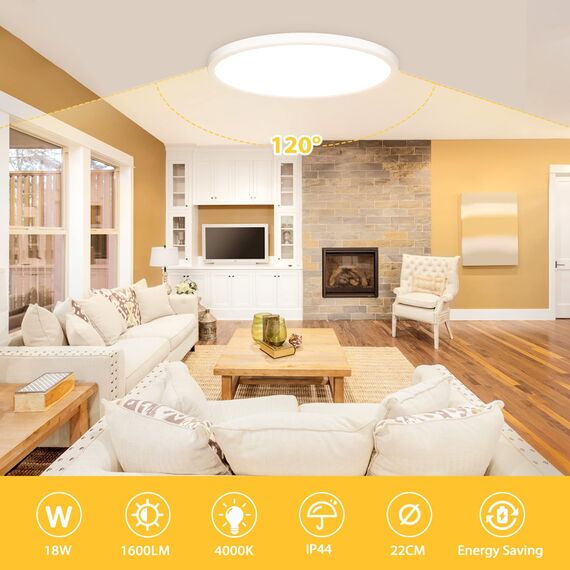 OUILA LED Deckenleuchte Flach Rund - Ø22CM Deckenlampe LED 18W 1600LM 4000K Neutralweiß IP44 Wasserdicht Badezimmer Lampe, Badlampe Decke für Bad Küche Flur Schlafzimmer Keller