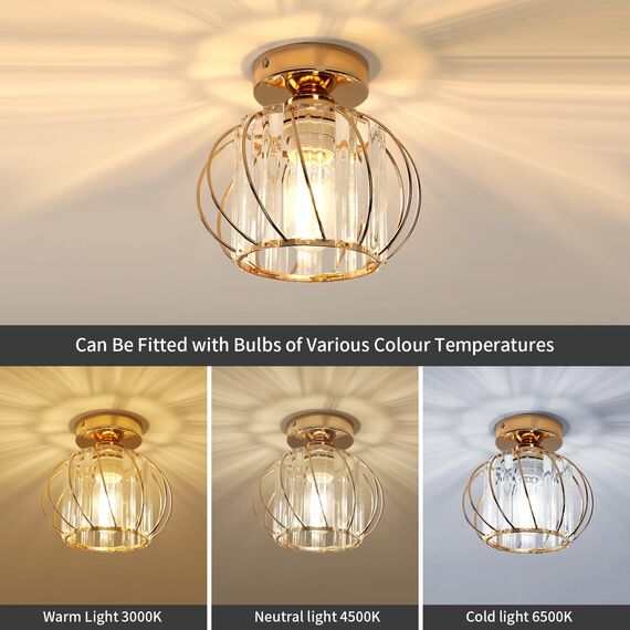 Goeco Gold Deckenleuchte Kristall, E27 Moderne Deckenlampe mit Käfig-förmigen Lampenschirm, Vintage Industrie Kronleuchter für Eingang Flur Schlafzimmer Wohnzimmer, Glühbirnen nicht enthalten