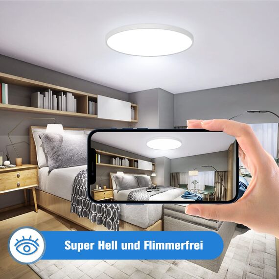 OUILA LED Deckenleuchte Flach Rund - Ø30CM Deckenlampe LED 24W 6500K 2400LM IP44 Wasserdichte Badezimmer lampe, Küchenlampe Deckenleuchte Kaltweiß für Küche Bad Schlafzimmer Flur Keller