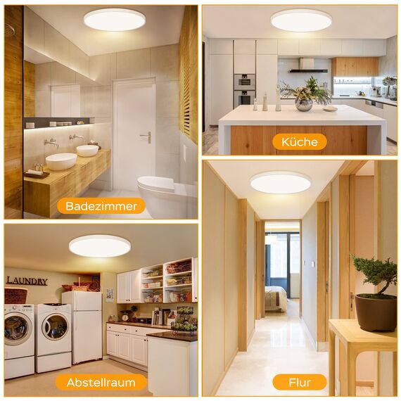 OUILA LED Deckenleuchte Flach Rund - Deckenlampe LED 24W 3000K 2400LM IP44 Wasserdichte Badezimmer lampe, Küchenlampe Deckenleuchte Warmweiß für Küche Bad Schlafzimmer Flur Keller, Durchmesser 30cm