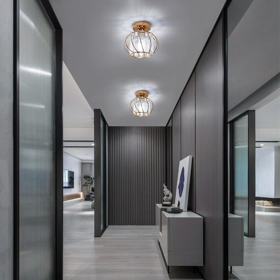 Goeco Gold Deckenleuchte Kristall, E27 Moderne Deckenlampe mit Käfig-förmigen Lampenschirm, Vintage Industrie Kronleuchter für Eingang Flur Schlafzimmer Wohnzimmer, Glühbirnen nicht enthalten