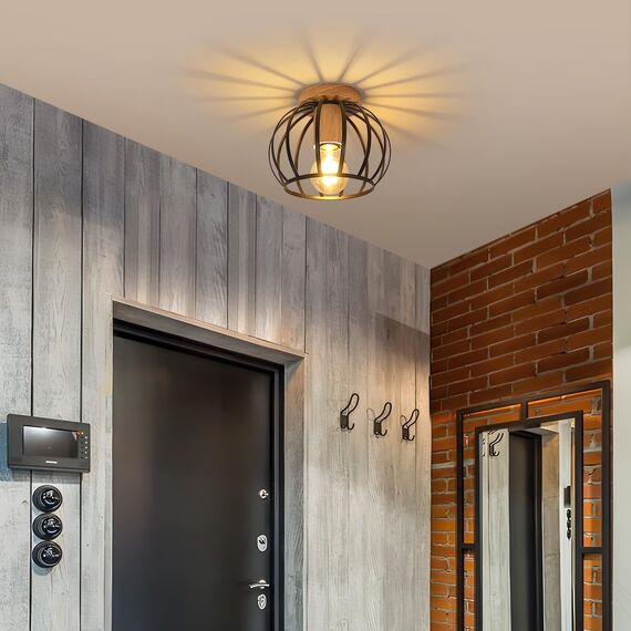 Goeco Deckenleuchte Schwarz, E27 Lampenfassung Industrial Lampenschirm in Form eines Metallkäfigs mit Holzsockel, Deckenlampe Vintage für Flur, Balkon und Speisesaal, Ø 19cm