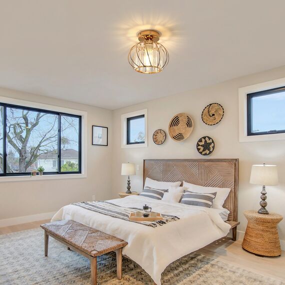 Goeco Gold Deckenleuchte Kristall, E27 Moderne Deckenlampe mit Käfig-förmigen Lampenschirm, Vintage Industrie Kronleuchter für Eingang Flur Schlafzimmer Wohnzimmer, Glühbirnen nicht enthalten